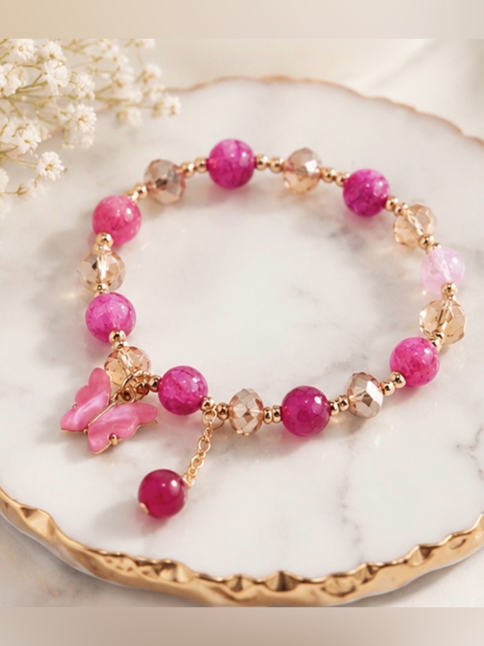 💥3/$15 Pink & Gold Glass Bead Bracelet | Crystal-Look Beads & Butterfly Charm